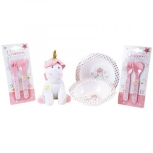 Jemini Set vaisselle, 2 assiettes creuses, 2 sets de couverts et peluche fille Licorne