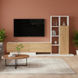 Meuble tv moderne avec armoire de rangement Berino Bois clair et Blanc