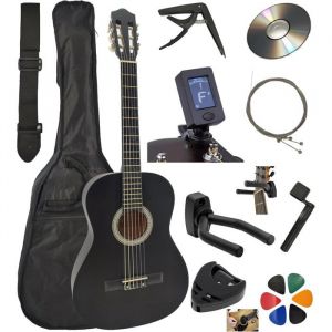 AMROVA Pack Guitare Classique 3/4 (Enfant 8-12 ans) + 10 Accessoires (Housse Support) + Cours Vid&eacute;o & CD (Noir 3/4 Droit)