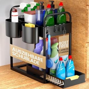 HELDENWERK - Rangement pour &eacute;vier et cuisine - 2 pi&egrave;ces - plastique ABS noir - coulissant &agrave; 2 niveaux - pour cuisine et salle de bain - avec crochets et plateaux - espace de rangement maximal