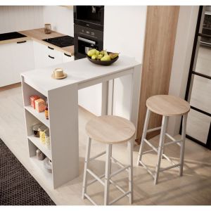 Muebles Bonitos - Table haute avec 2 Tabourets 110x103x50cm Bar de cuisine avec étagères Modèle Kyra Blanc