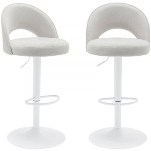 Lot de deux tabourets de bar ajustables métal et tissu blanc cassé. pied blanc - L 49 x P 49 x H 88.5-110cm - Abby