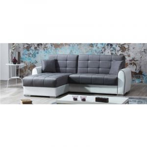 Image de Dmora - Canap&eacute; Dflumin, Canap&eacute; conteneur d'angle en &eacute;co-cuir et tissu, Canap&eacute; avec ouverture clic-clac et p&eacute;ninsule r&eacute;versible, 246x160h91 cm, Blanc