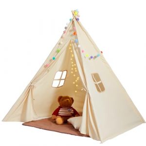 VEVOR Tipi Tente de Camping pour Enfants de 1 à 5 Ans avec Tapis et Boules en Peluche décoratives avec fenêtres pour l'intérieur et l'extérieur Beige