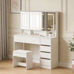 POCKETPOP Coiffeuse avec miroir et tabouret, grande coiffeuse, avec &eacute;clairage LED, 5 tiroirs, Blanc