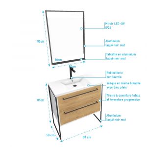 Aurlane Pack meuble de salle de bain 80x50 cm Blanc - 2 tiroirs blanc - vasque blanche - miroir à led