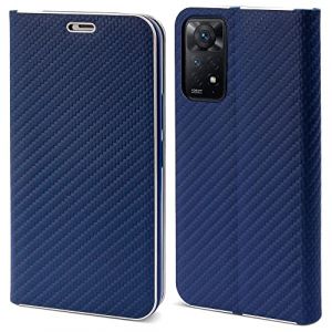Moozy &Eacute;tui Portefeuille pour Xiaomi Redmi Note 11 Pro 5G et 4G, Bleu Fonc&eacute; Carbone - &Eacute;tui &agrave; Rabat avec Bordure M&eacute;tallique Fermeture Magn&eacute;tique Flip Cover avec Porte-Cartes et Fonction B&eacute;quille