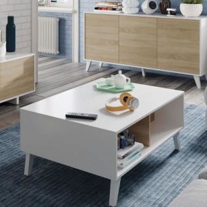 Image de Dansmamaison - Table basse relevable Blanc brillant/Chêne clair - stockton - l 100 x l 68 x h 41 cm - Blanc