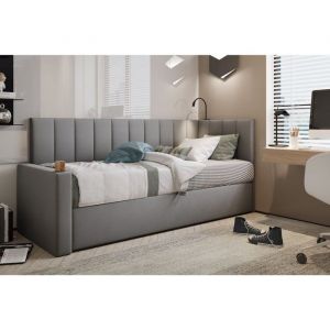 Image de Trada - Lit Boxspring 80x200 cm tokio en tissu velours gris avec coffre et éclairage led - gauche