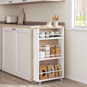 Chariot de Rangement Woltu Desserte &agrave; roulettes avec Poign&eacute;e et Freins, &agrave; 3 Niveaux, 47x80x13 cm, Ch&ecirc;ne Clair + Blanc