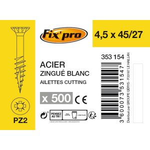 Image de Fix'Pro Vis &agrave; bois t&ecirc;te frais&eacute;e PZ - 4,5x45/27 - 500pces - Fixpro