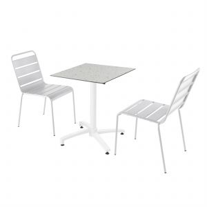 Table carrée pied blanc inclinable terrazzo 60 x 60 cm en HPL et 2 chaises en métal