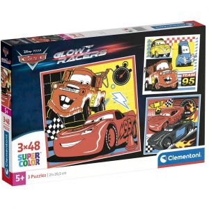 Clementoni Supercolor Disney Cars Glow Racers – 3 x 48 (Comprend 3 48 pièces) Enfants 5 Ans, Puzzle Dessins animés, fabriqué en Italie, 25309, Multicolore