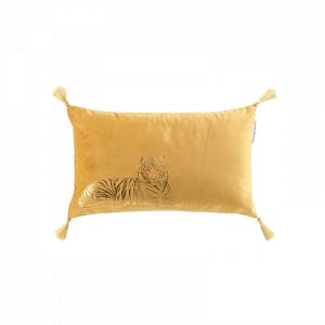 Coussin déhoussable en velours avec pompons et imprimé tigre metallisé Baguera - Jaune - 30 x 50 cm
