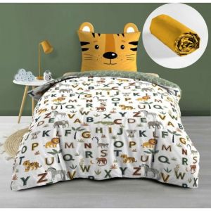 Pack Parure de lit enfant 140 x 200 cm + Drap Housse 90x190 cm Jaune &ndash; TIGRY &ndash;