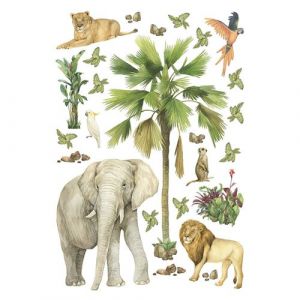 AG ART Stickers animaux de la jungle : éléphant, lion, perroquet - 1 planche 30x30cm