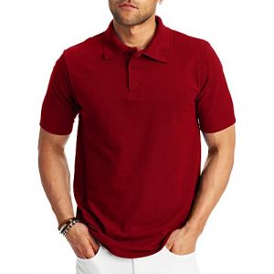 Hanes piqu&eacute; &agrave; Manches Courtes, Polo &agrave; Trois Boutons, Poids Moyen pour Homme Chemise, Rouge Profond