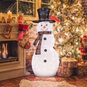 COSTWAY Décoration de Noël Extérieure Bonhomme de Neige Lumineux 127cm avec 70 Lumières LED Blanc Froid avec Oiseaux Rouges,Chapeau