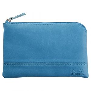 Rhodia 116536C - Pochette Zippée en Simili Cuir - Turquoise - Taille S (11 x 17 cm) - Coutures Véritables - Intérieur Tissu Orange - Rangement Documents, Petites Fournitures