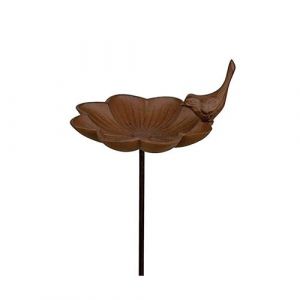 L'héritier du temps Bain à Oiseaux Abreuvoir Mangeoire Perchoir sur Pique Forme Fleur avec Oiseau en Fonte Patiné Marron 13.5x13.5x77cm