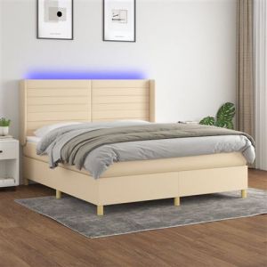 VidaXL Sommier &agrave; Lattes de Lit avec Matelas et LED, Lit Rembourr&eacute;, Lit Double, Lit Adulte de Chambre &agrave; Coucher Int&eacute;rieur, Moderne, Cr&egrave;me 160x200 cm Tissu