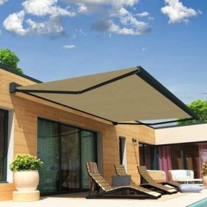 Intersun Store banne coffre CELESTE 4,00x3,00 M (Motorisé Secours à Télécommande + LED - Gris Anthracite - Ecrue)