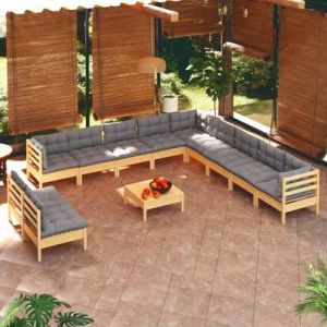 VidaXL Ensemble de fauteuils de jardin en pin 12 pièces avec coussins gris