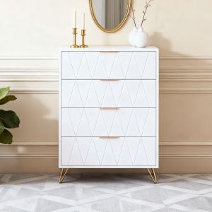 Commode &agrave; 4 Tiroirs Blanc 60x34x90cm - Pieds Or V - Anti-chute - Pour chambre, salon, entr&eacute;e - Motif Diamant