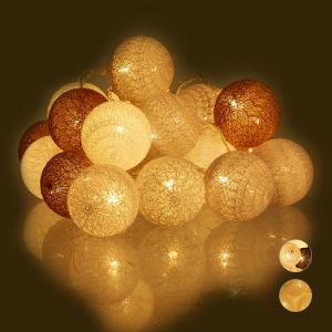 Relaxdays Guirlande Lumineuse LED, 20 Boules de Coton, Fonction à Piles, Lumières d'Ambiance, Sphères Ø6 cm, Blanc Gris Marron