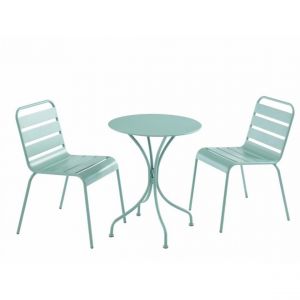Image de Salle &agrave; manger de jardin en m&eacute;tal une table D 60 cm et 2 chaises empilables Vert amande MIRMANDE