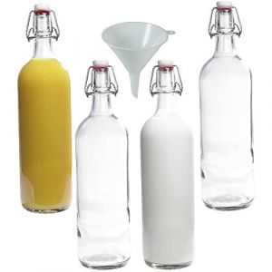 Lot de 4 Bouteilles carafes à Eau 1 Litre avec Bouchon mécanique - Verre Transparent - Livré avec Un Entonnoir