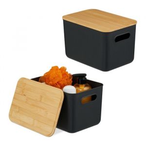 Relaxdays Bac de rangement, lot de 2, coffre en plastique et couvercle en bambou, HLP 16 x 26 x 17,5 cm, noir et nature