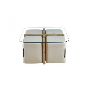 Meublorama - Table basse quadora – Carrée 90x90 cm – Verre & chêne vieilli – Avec 4 poufs blancs – Design pratique et élégant