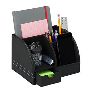 Relaxdays Organiseur de bureau en cuir artificiel, rangement de table avec tiroir, 4 compartiments, 13x19x15 cm, noir