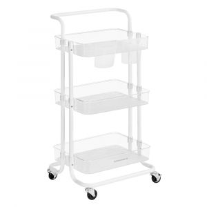Songmics Chariot Mobile à 3 Niveaux, Desserte sur roulettes, Étagère de Rangement, Poignée, 2 Pots, 2 Freins, Paniers en Plastique, Montage Facile, Chambre, Cuisine, Blanc et Transparent