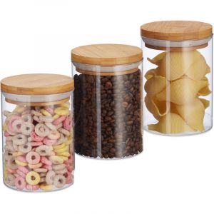 Relaxdays Boîtes de stockage en Verre, jeu de 3, Tailles 600 ml,pâtes, riz, céréales, Café, D 5 cm, bambou