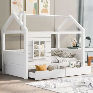 Lit cabane 90x200 cm avec 2 tiroirs - en forme de maison - en bois massif - Blanc