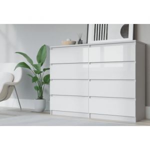 Commode 8 Tiroirs, Blanc Mat / Blanc Brillant, 140 X 101 X 39 Cm