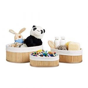 Relaxdays Boîte de rangement en bambou lot de 3 paniers ovales HxlxP 12,5 x 32 x 22 cm pour étagère et armoire, nature