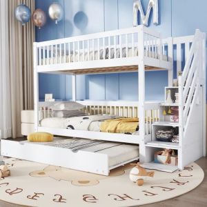 Lit superposé 90x200cm, lit enfant avec lit giogogne 90x190cm, avec escaliers de rangement, grille antichute, pin + MDF, blanc