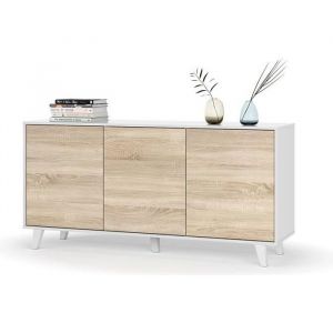 Image de Pegane Buffet avec 3 Portes coloris blanc brillant et chêne - L 154 x P 41 x H 75 cm