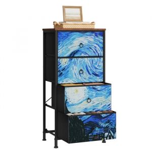 Commode à 4 Tiroirs en Tissu Woltu Chiffonnier, Meuble Rangement, Cadre en Métal, 45x30x95cm, Marron Rustique+Noir+Motif de Ciel Étoilé