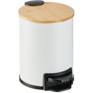 Relaxdays Poubelle de Salle de Bain, 3 l, Couvercle en Bambou, Seau intérieur Amovible, mécanisme de Fermeture, Blanche