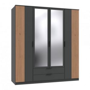 Wimex Armoire BELOU 5 portes 2 miroirs 2 tiroirs d&eacute;cor graphite rechampis aspect clayettes ch&ecirc;ne artisan