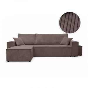 Loungitude Canap&eacute; FARAH d'angle r&eacute;versible et convertible 4 places avec un pouf en velours c&ocirc;tel&eacute; marron glac&eacute;