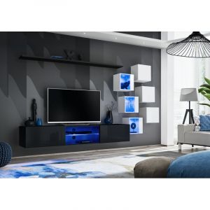 AC-Déco Ensemble Meuble TV Design "Switch XXI" 180cm Noir & Blanc