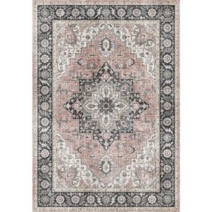 Décoweb Tapis doux à motif oriental - Yasmine - Bleu nuit et rose - 200 x 290 cm