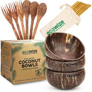 Ecowize Coconut Bowls (Set of 3) - Bol en noix de coco et bol - avec 3 cuillères, 3 fourchettes et 8 pailles en bambou - Zéro déchet et réutilisable - Cadeau durable