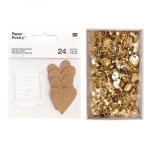 24 étiquettes à suspendre petits coeurs kraft + 150 punaises dorées Rico Design