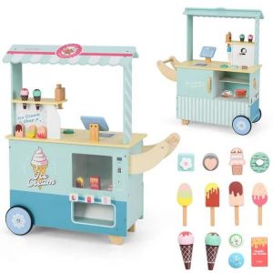 Costway Chariot &Agrave; Glaces Enfant Marchande Desserts 15 Accessoires, Caisse Avec &Eacute;cran Et Scanner, Distributeur Automatique, Cyan